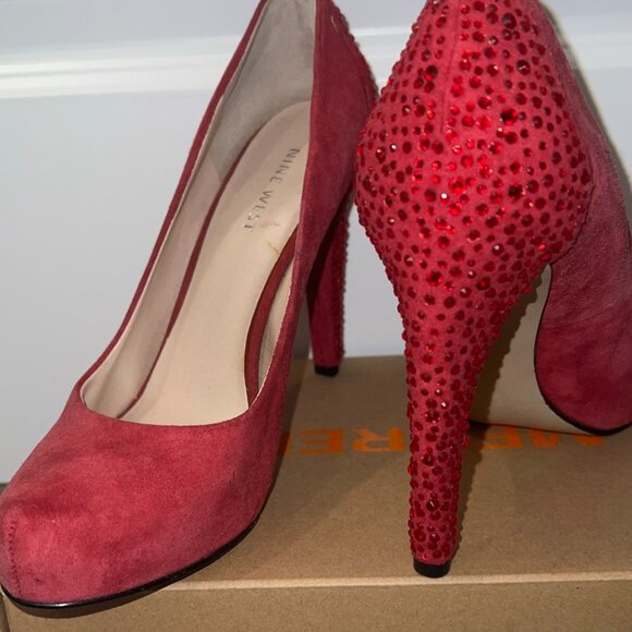 Nine West Pink Suede High Crystals Embellished Heels - Picture 2 of 10